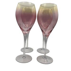 Set Of 4 Circleware Romanian Ombre Wine Glasses Pink Yellow Vintage Stemware